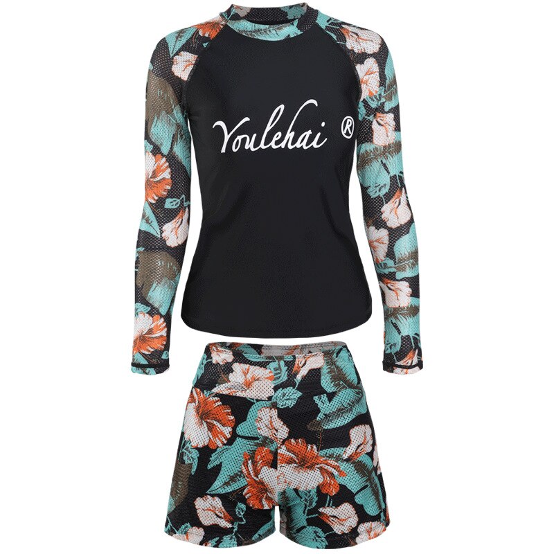 2 Stuks Surfen Pakken Vrouwen Snel Droog Ademend Zwemkleding Bloemenprint Badmode Meisje Zwembad Strand Surfen Dragen Lange mouw: M