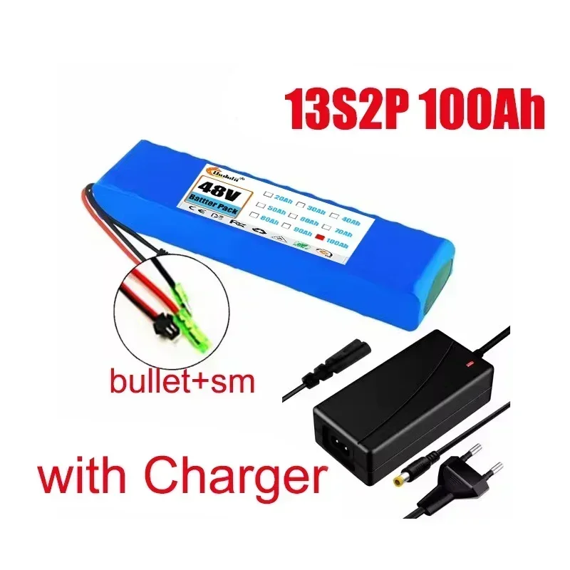 13S2P 48V batterij 100000 mAh 100Ah lithium-ionbatterij met 250W 350W 500W 750W 1000W BMS en een gratis 54,6V oplader: Roze