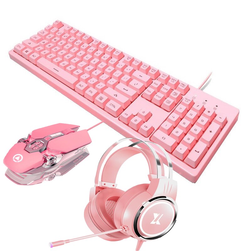Pink Keyboard and Mouse Set 104 Keys Layout LED Backlit Keyboard 2400DPI RGB Backlit Mouse Microphone with Microphone for PC: Default Title