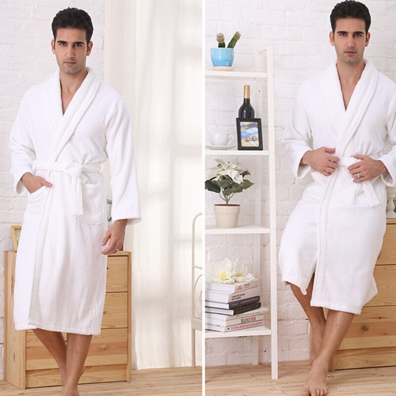 Albornoz de invierno de hombre, pijamas de algodón para parejas, bata para amantes, ropa de dormir, toalla de forro polar larga para casa, hotel, invierno, blanco, azul