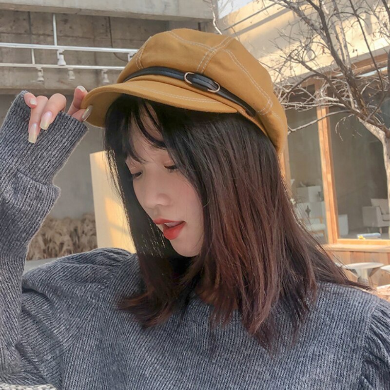 HT3319 Women Berets Spring Autumn Women Hat Retro Leather Belt Octagonal Newsboy Cap Ladies Solid Plain Artist Painter Beret Hat