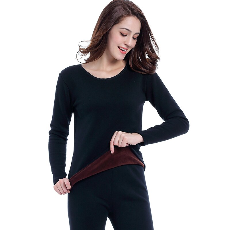 NANJIREN Women Thermal Underwear Sets Cotton Black thick Underwear Casual Long Johns Sets Female Solid Color Thermal Pajamas: black / XXL 175  AS EUR L