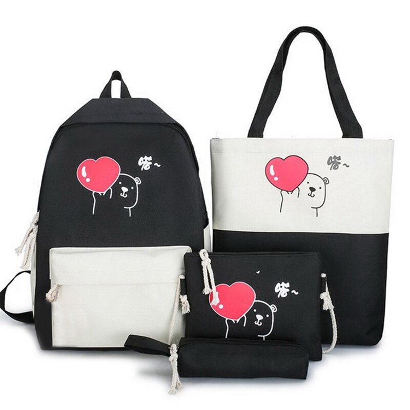 5 Delige Set Vrouwen Nylon Rugzak Snoep Kleur Waterdichte Schooltassen Tieners Meisjes Patchwork Rugzak Vrouwelijke Rugzak Mochila: Black 2(4 pcs)