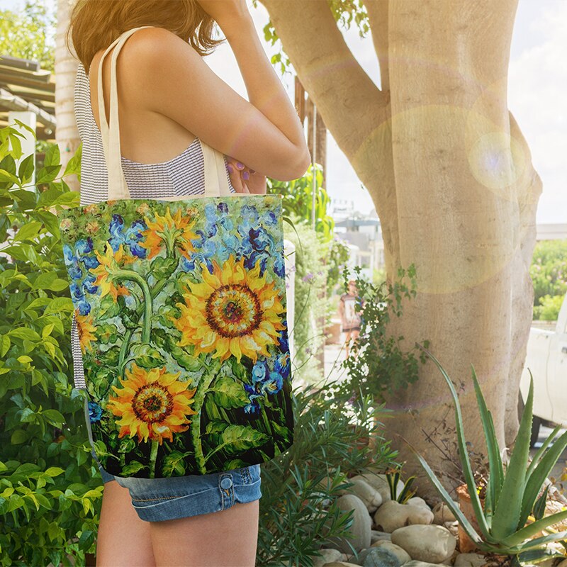 Oil Painting Tote Bag Van Gogh Art Sunflower Iris Canvas Bag Women Casual Shopping Bag Large Capacity Shoulder Bag Girl Handbag