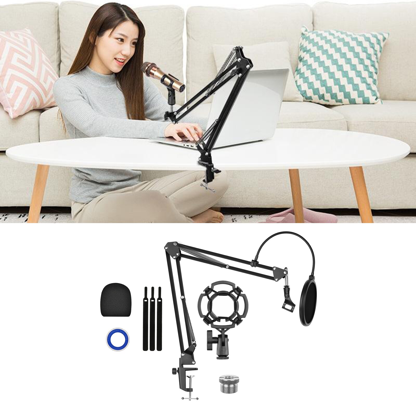 Microphone Arm Stand, Adjustable Suspension Boom Scissor Mic Stand, 3/8&quot; to 5/8&quot; Adapter, Mic Clip, Upgraded Heavy Duty Clamp