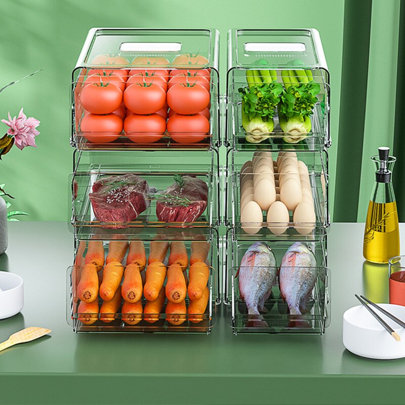 Stackable Kitchen Fridge Organizer Refrigerator Fresh-keeping Freezer Drawer Storage Box Food Sorting Container Bins Cabinet