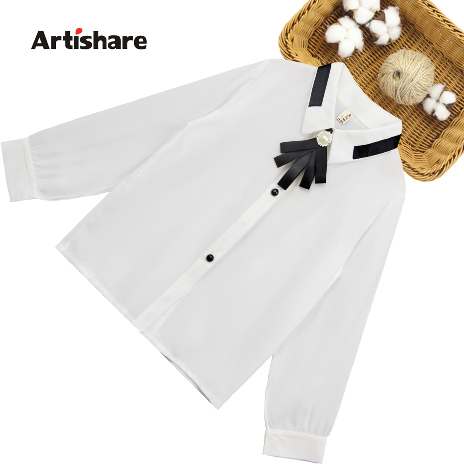 White Blouses For Girls Bow Girl Blouse Patchwork Kids Blouse For Girls Teenage Clothes For School For Girls 6 8 10 12 14