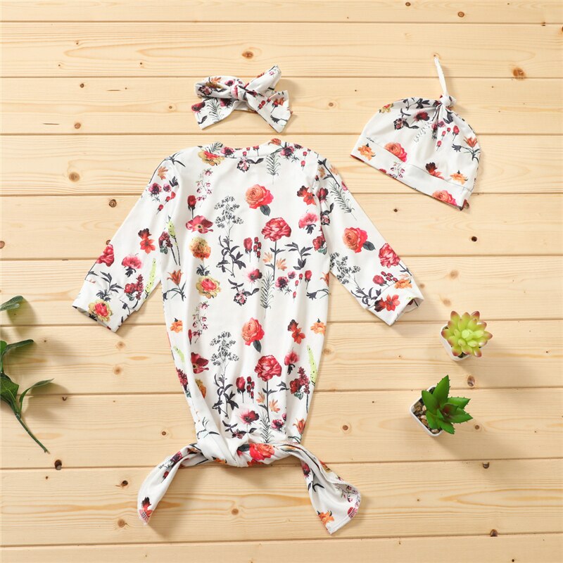 3 Pcs Pasgeboren Bloemen Nachtkleding Baby Baby Lange Mouw Ronde Hals Aparte Benen Slaap Slijtage + Hoed + Hoofdtooi Pasgeboren meisjes Gewaden