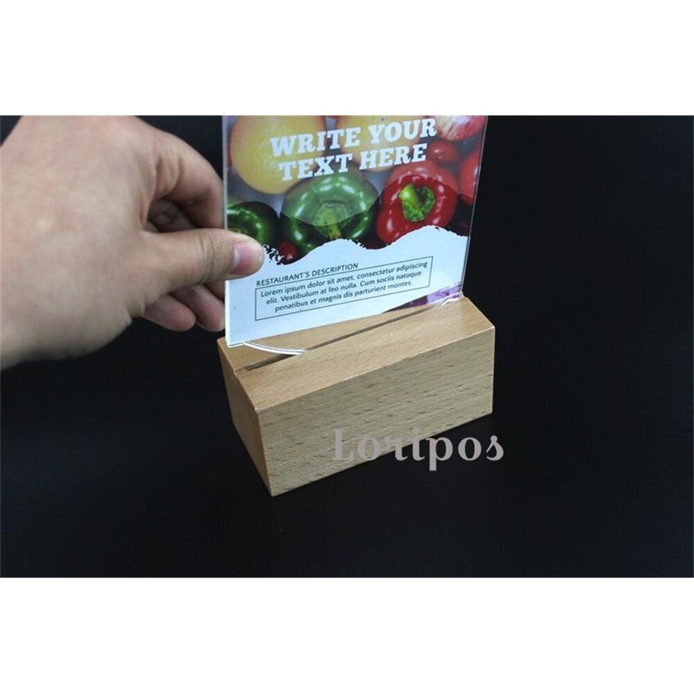 A6 Unique Easy Reused Acrylic Clear Price Tag Menu Display Table Top Desk Sign Label Holder Thick Wood Base