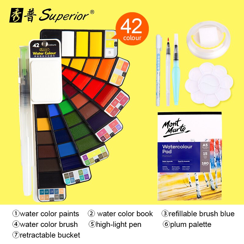 Superior 42Colors Big Set Solid Watercolor Paint With Water Brush Pen Foldable Travel Water Color Pigment For Beginner Student: 42color with 6gifts