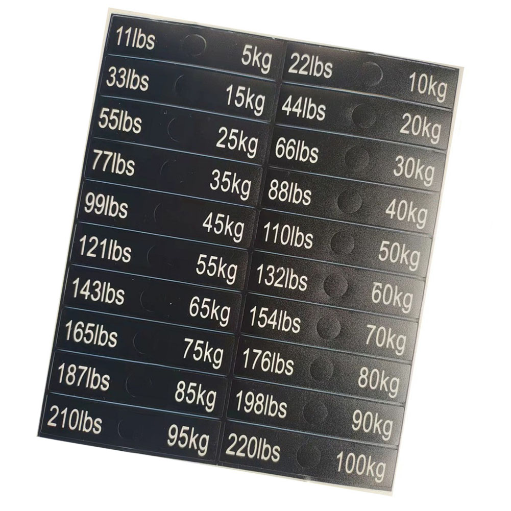 Etiquetas de pila de pesas para equipos de gimnasio, 5-100/150kg, 4,5-90kg, 6,83-100kg, pegatinas de placa de peso con agujeros para pasadores, piezas de máquinas de Fitness: Castaño