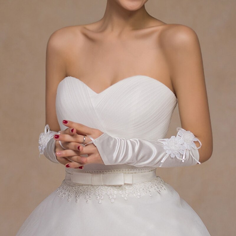 Womens Elbow Length Bridal Long Fingerless Gloves Lace Flower Wedding Prom Party
