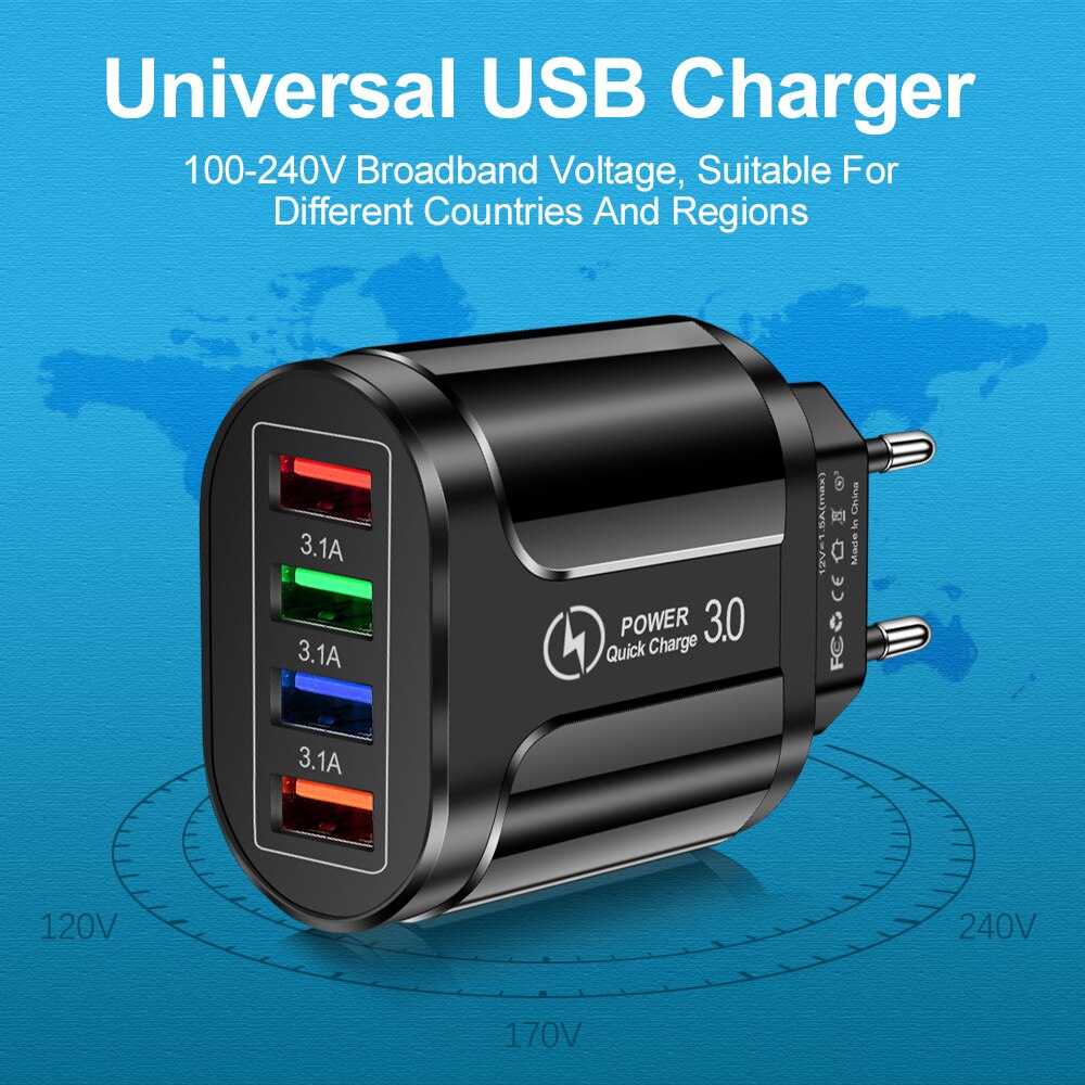 Uthai HC-385 3A 4-Port Mobiele Telefoon Oplader Led Licht 4 Usb Lader Opladen Hoofd Mobiele Telefoon Reislader