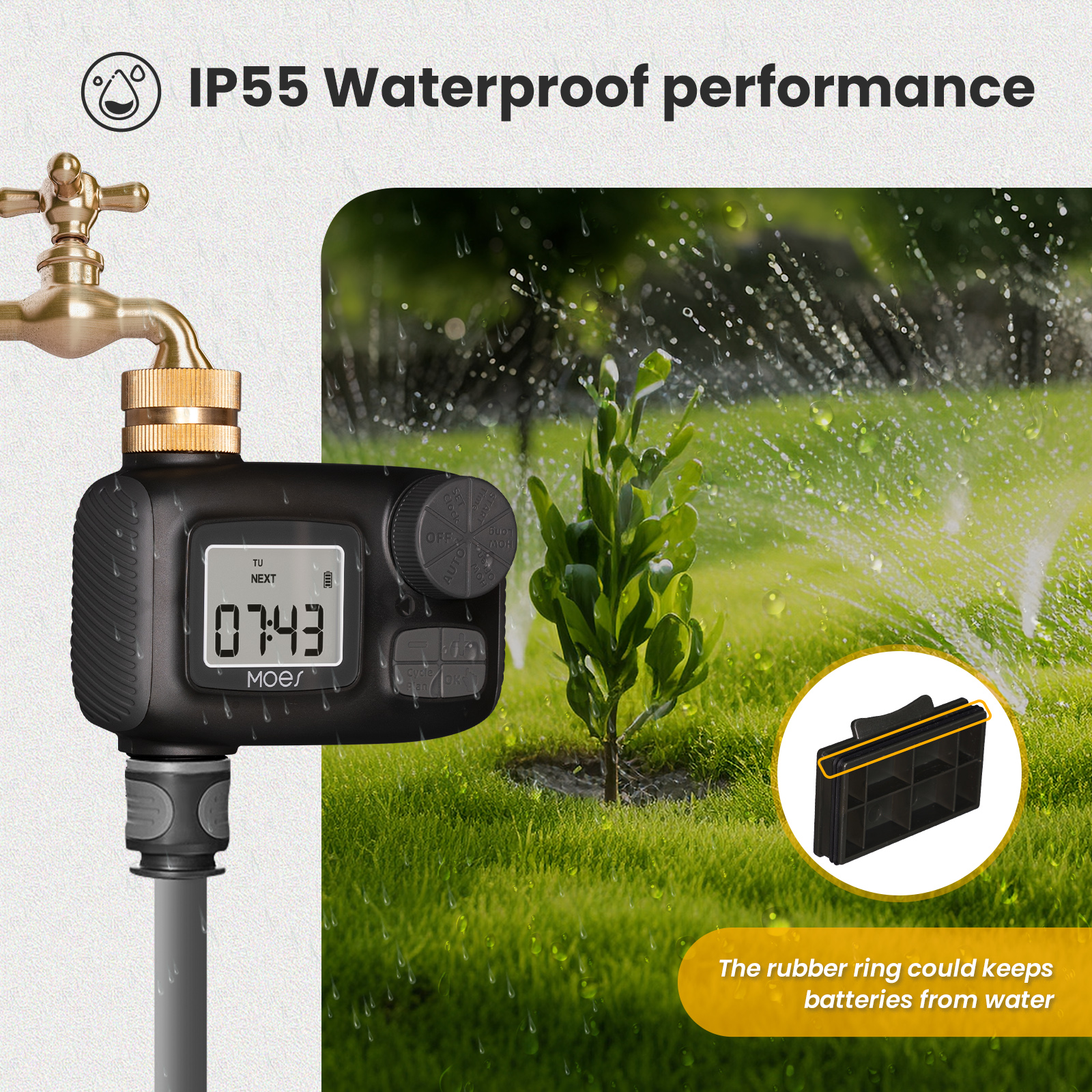 Moes Water Timer 1-Outlet Ip55 Waterdicht Messing Inlaat Draaiknop Knop Met Lcd-Scherm Regen Vertraging Kind Lock