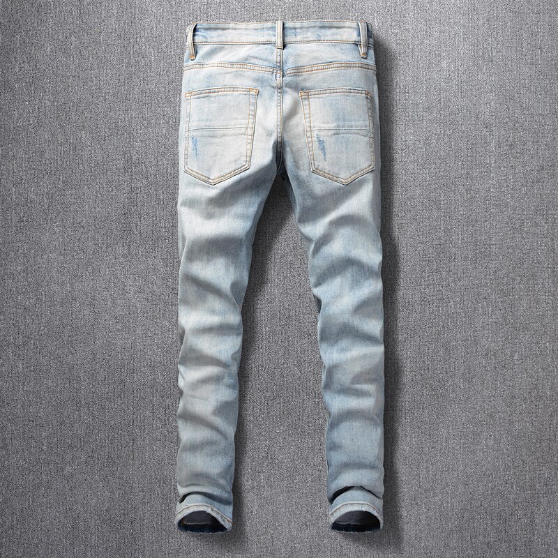 American streetwear mænd jeans lyseblå patches ripped jeans elastisk slim fit hip hop bukser homme