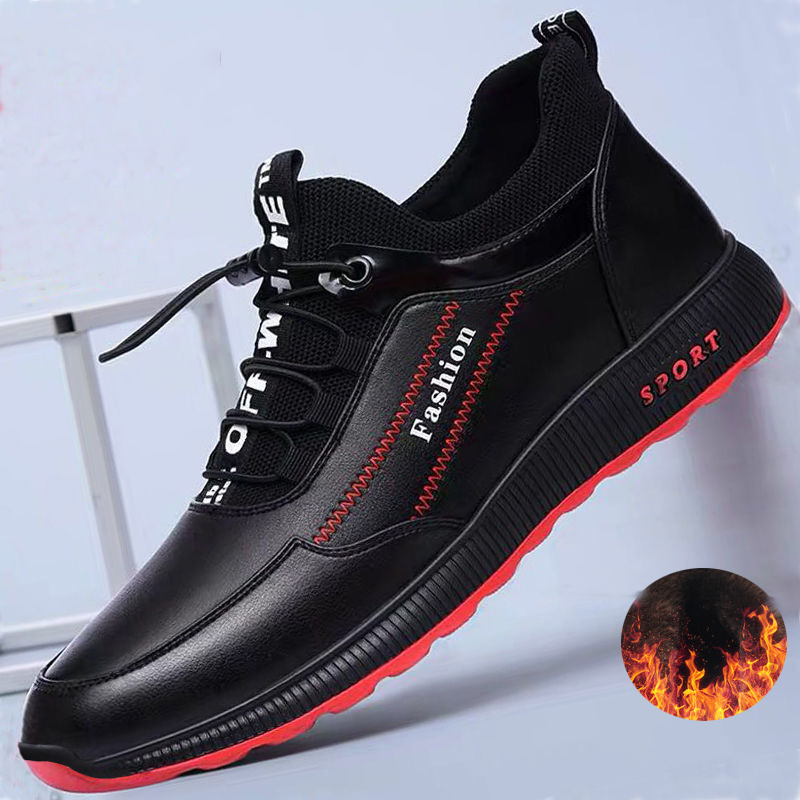 Lædersko mænd fritidssko vinter plus fløjl for at holde varmen sorte comfortbale sneakers mænd flade sko stor størrelse