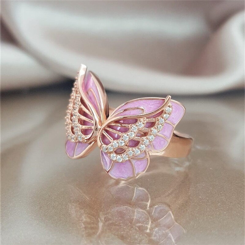 romantische Rosa Schmetterling Ringe Für Frauen Jahrgang Süße Ring Damen Engagement Ring Weibliche Mädchen Schmuck Goldene Ringe