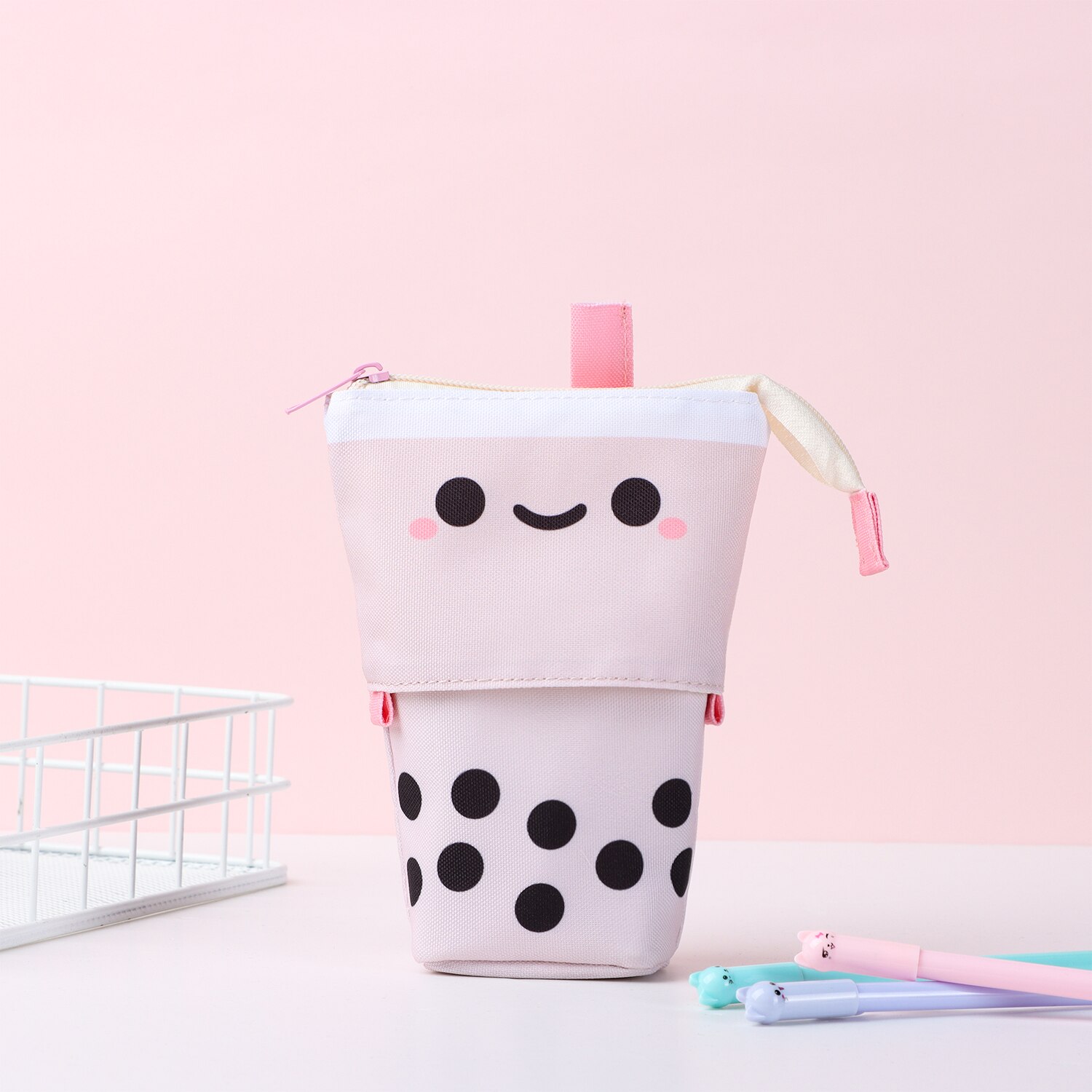 1 Set Cute Boba Milk Tea Pen Case Pencil Holder Stationery Case Stand Up Telescopic Pencil Case Pen Box Stationery Pouch Bag: A-1 case