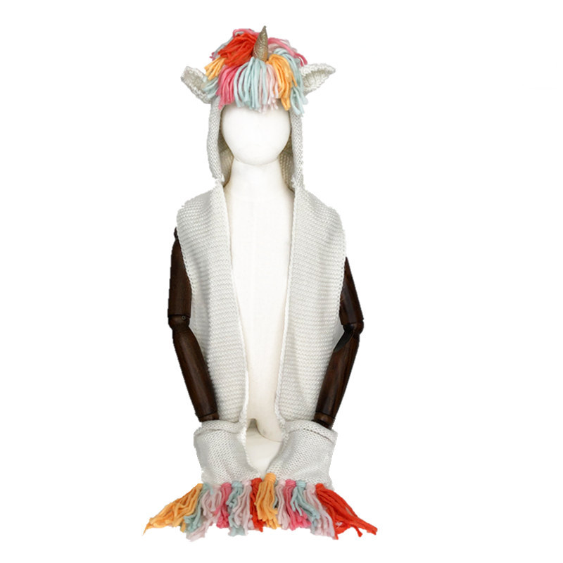 Kids Girls Rainbow Unicorn Soft Skullies Beanies Hats Shawl Scarf Set With Two Pockets Warm Knitted Bonnet Cap Christmas