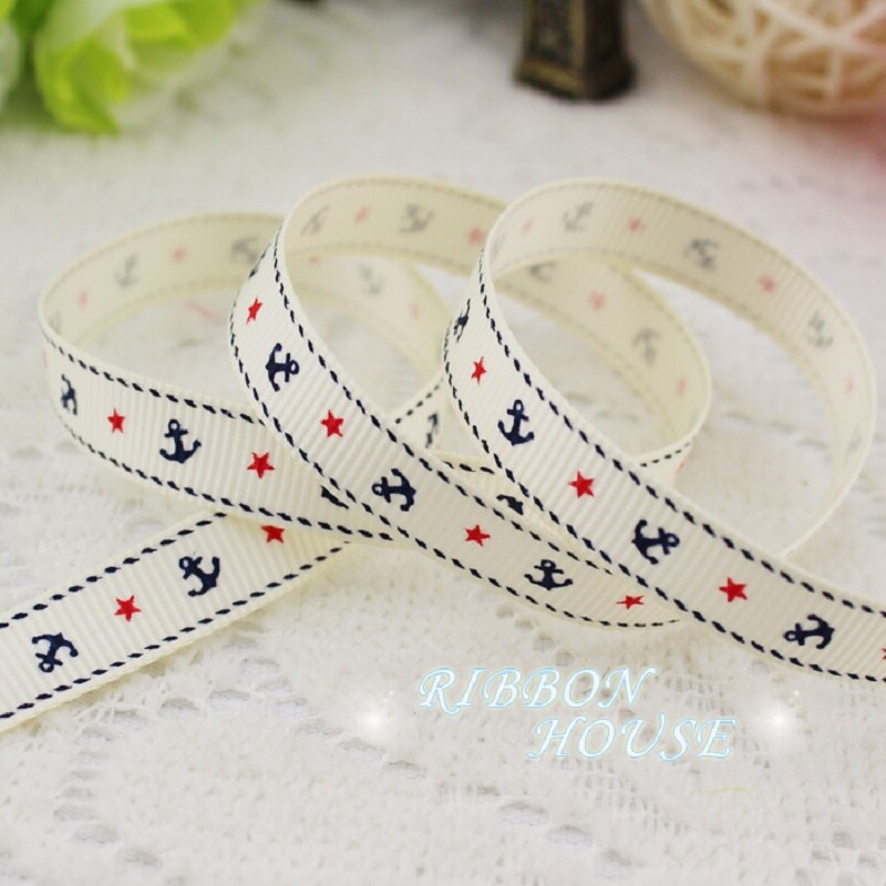 (25 Meter/stuk) 3/8 ''(10Mm) gedrukt Grosgrain Lint Off Wit Anker Serie Linten Decoratie Linten: WHITE