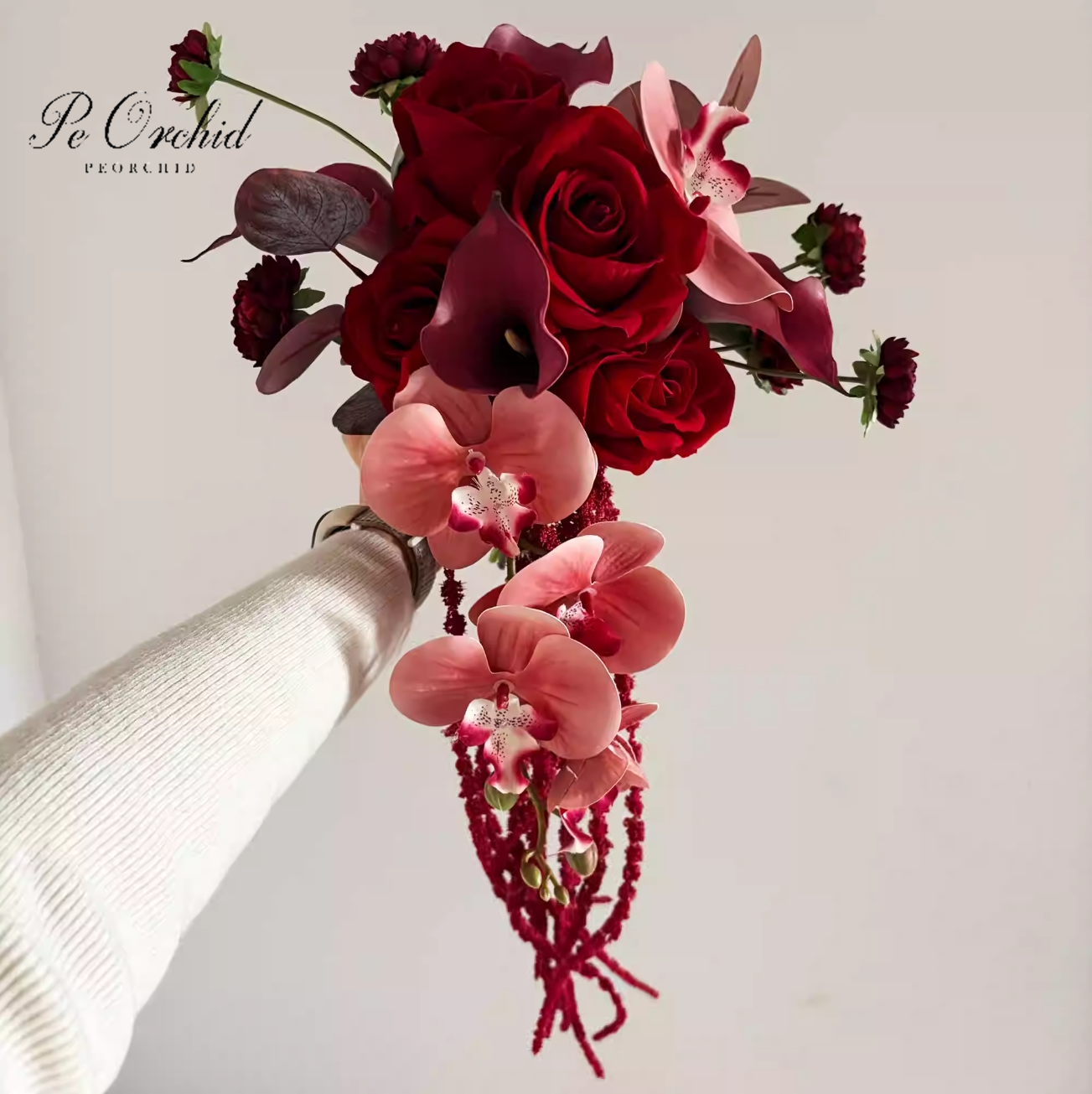 PEORCHID Kunstblumen-Hochzeitssträuße in verrotten mit Kaskadenstruktur für Brautjungfern, Ramo Novia, Orchideen und Rosen, künstlicher Blumenstrauß mit echter Haptik