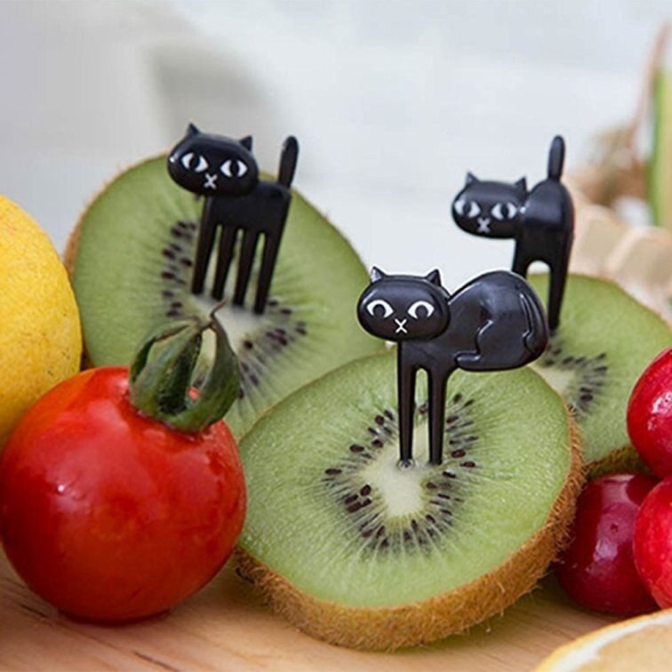 Nyhed plastik tegneserie dyr myrer katte musiknote form mad frugt gaffel picks sæt til fest kage dessert bento tilbehør