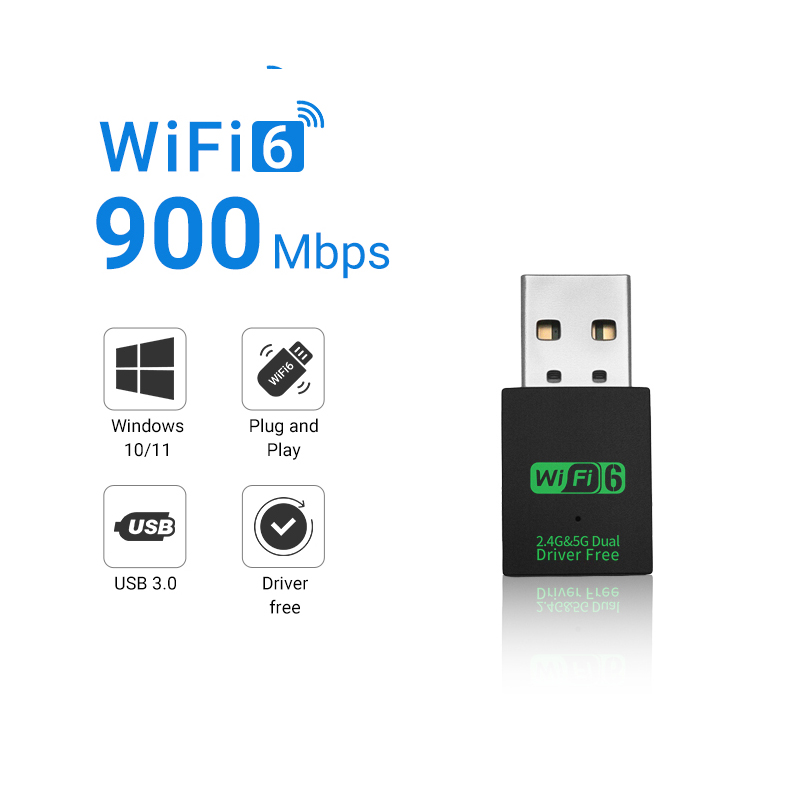 WALRAM AX900 Wifi 6 Adapter Mini USB WIFI 6 Dongle Network Card 2.4GHz/5GHz Cle Wi-Fi Lan Adapter Driver Free PC 600M Receiver: black