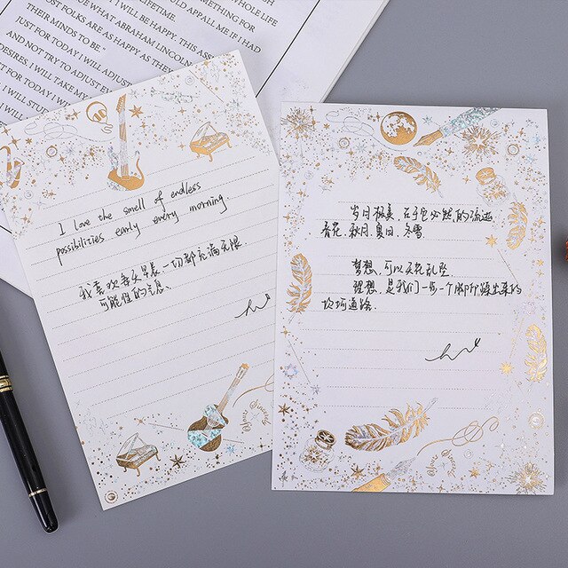 8pcs Golden Feather Paper Vintage Bronzing Letterhead Letter Writing Paper Letter Pad Drawing Sketch Pad Stationery
