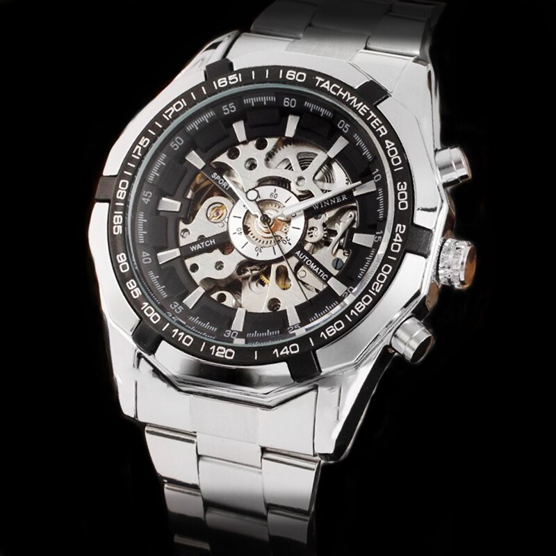 Mannelijke Horloges Winnaar Automatische Horloge Luxe Mannen Roestvrij Staal Zelf Wind Skeleton Mechanische Horloge Klok