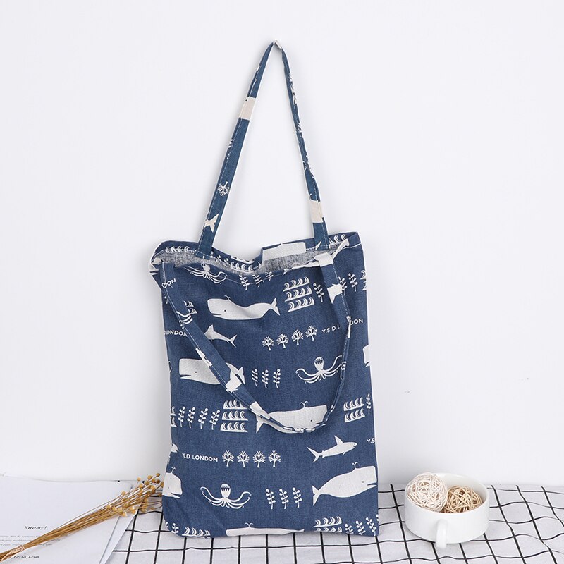 Durable 1 couche pas de doublure coton lin Shopping fourre-tout 1PC sac à bandoulière de transport imprimer baleine poulpe mer vie sacs à provisions: Bleu