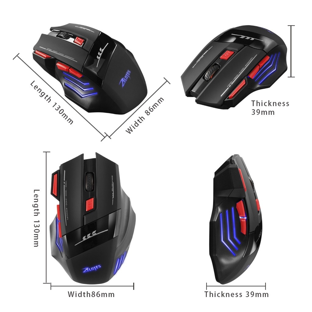 Zelotes 2.4G di Ricarica Gaming Mouse USB Ricevitore 30 Metri Senza Fili di Collegamento 250Hz / 500Hz Finestre 2000 / ME Mac OS