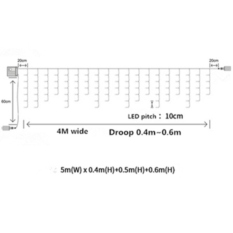 Luces navideñas para decoración de Exteriores, cortina de luces Led con caída de 5M, 0,4-0,6 m, aleros para y jardín