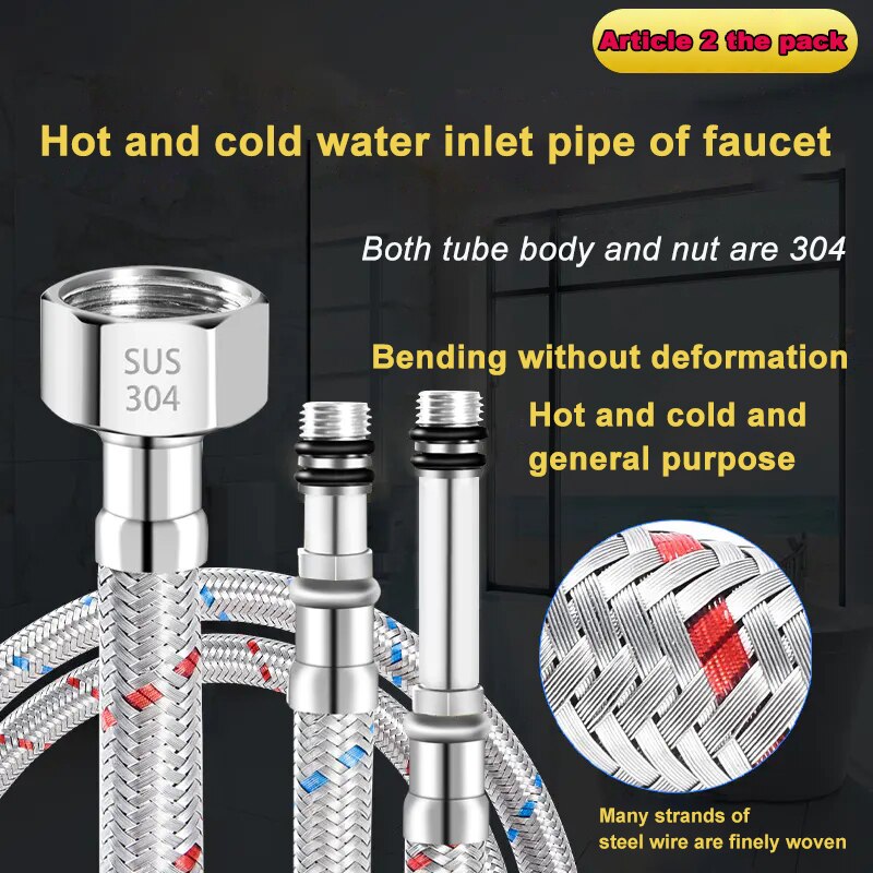 Faucet Inlet Pipe Kitchen Sink Basin And Cold Water Pipe Tip Pipe 304 Stainless Steel Red And Blue Braided Hose 2Pcs/Set