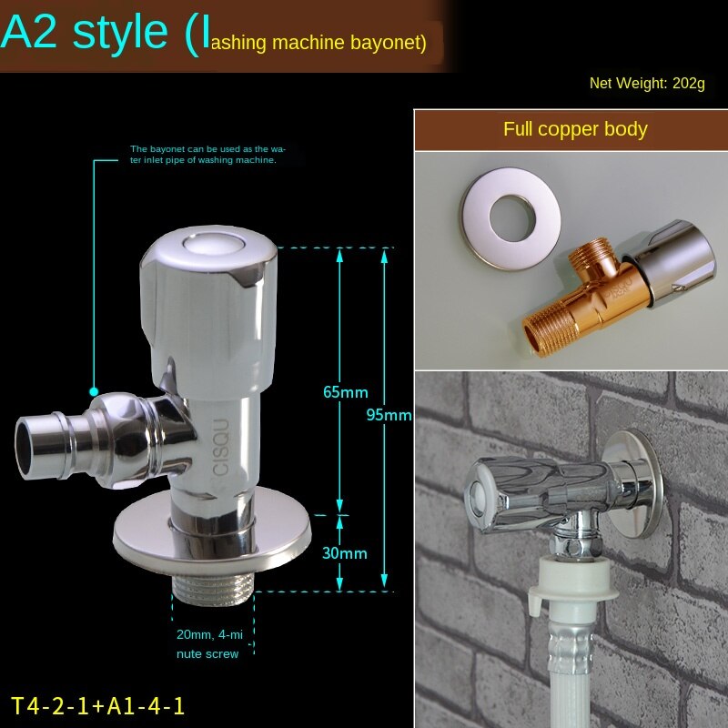 Brass triangle valve water stop valve 1/2IN 3/4IN Thread washing machine connector: A2- washing machine