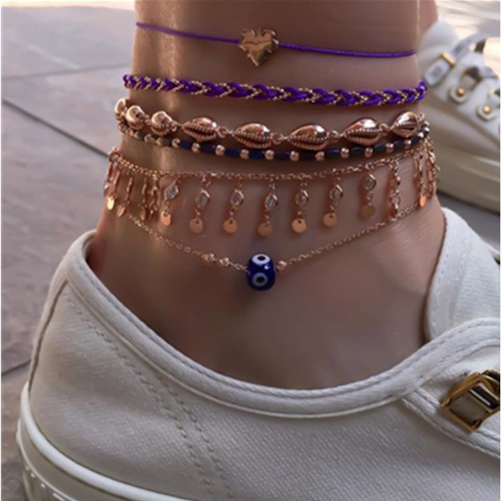 Juego de 8 cadenas para tobillo estilo bohemio para mujer, pulsera de cadena para pierna, playa, Océano, accesorios para pies