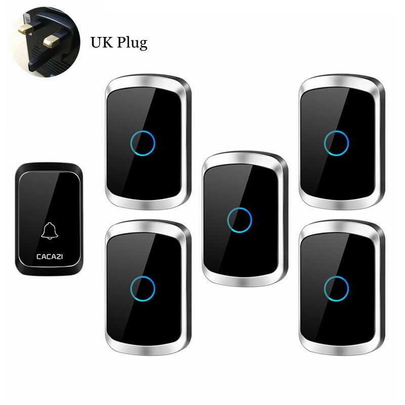 CACAZI Smart Wireless Door Bell Waterproof 1 Transmitter 5 Receiver US EU UK AU Plug Battery Home Bell Chime Wireless Ring Bell: black 1x5 UK