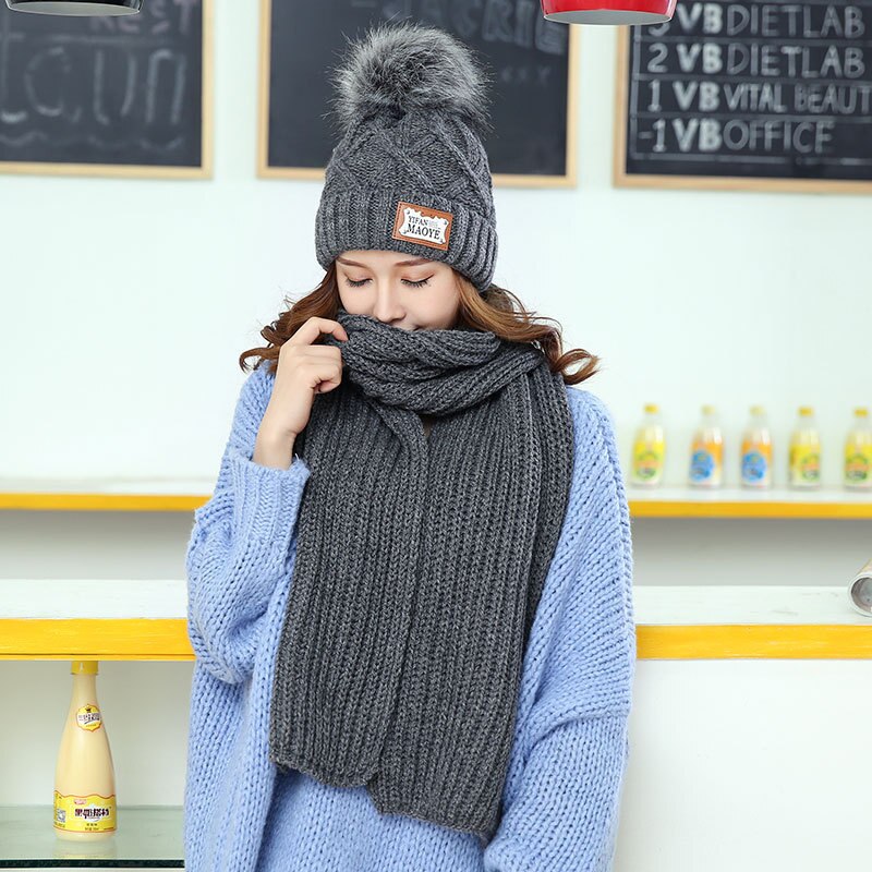 Tørklæde og hat sæt kvinder tykkere strikket solid enkelt chic studerende søde hatte koreansk match match kvindes hals beskyttelse tørklæder: Mørkegrå