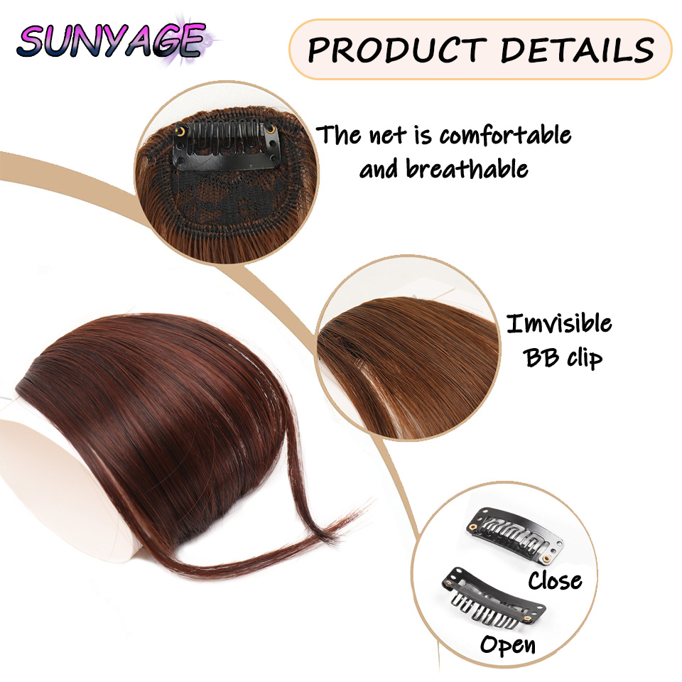 Sunyage natural em linha reta sintética sem corte franja de fibra de alta temperatura marrom feminino clip-in franja completa com franja de cabelo 6 Polegada