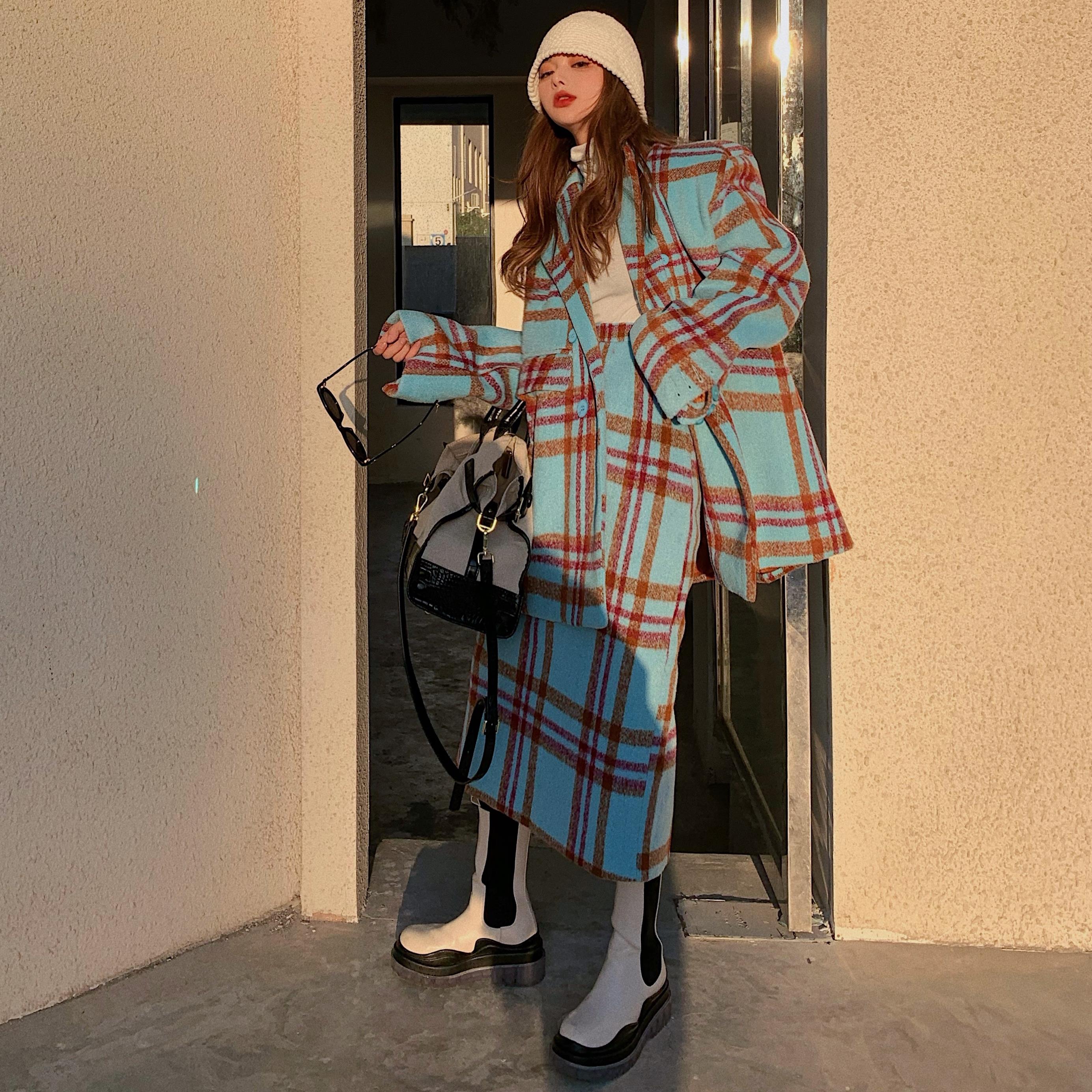 woolen coat 2-piece set female autumn winter style retro Korean thick mid-length blue coat plaid suit woolen coat