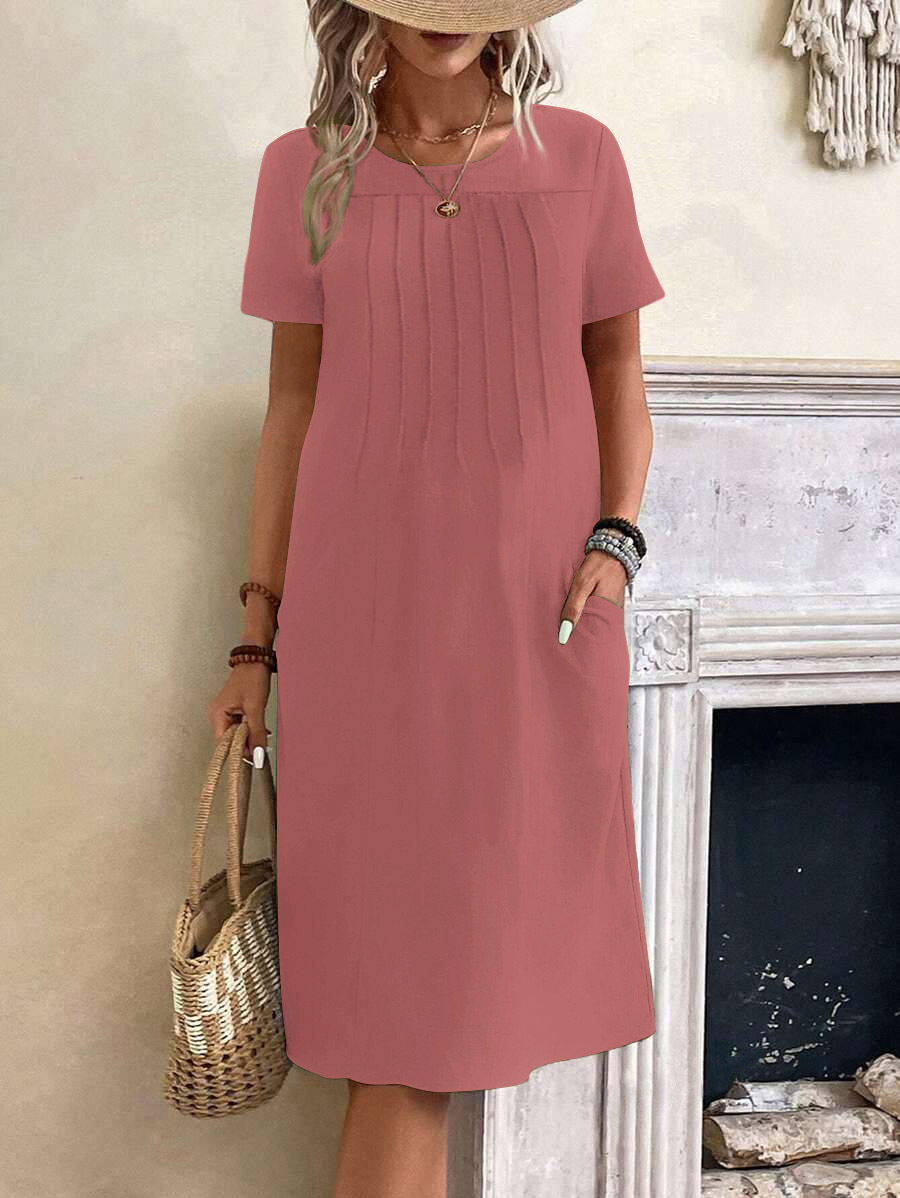 Women Short Sleeved Urban Casual Beach Dress Camisole Style Loose Waist Vacation Solid Office Lady Basic Short Dresses: L / Red