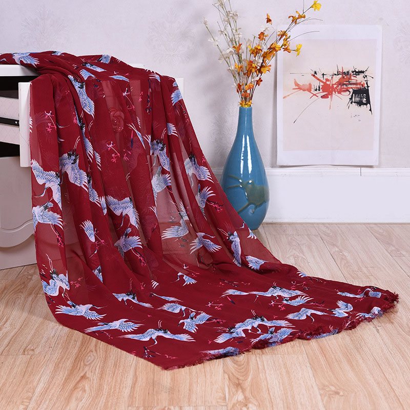 75D Polyester Chiffon Jurk Strand Handdoek Crane Patroon Gedrukt Polyester Stof Bloemen Gedrukt Chiffon Jurk Stof