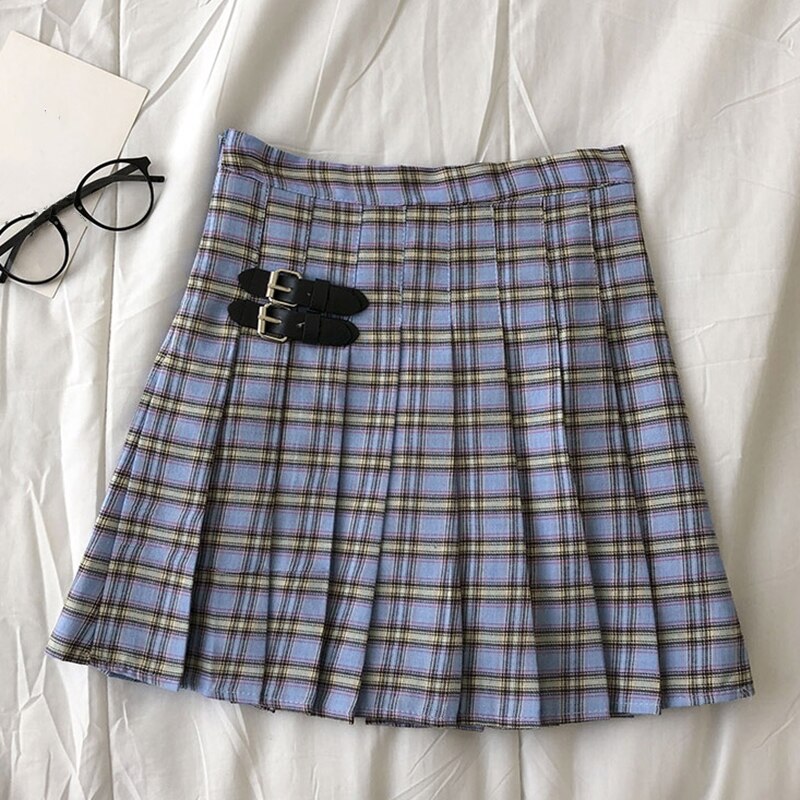 Summer Casual Women Skirts Harajuku Student Korean Pleated Skirt High Waist Female Sweet Mini Plaid Cute Kawaii Skirts: Blue / M