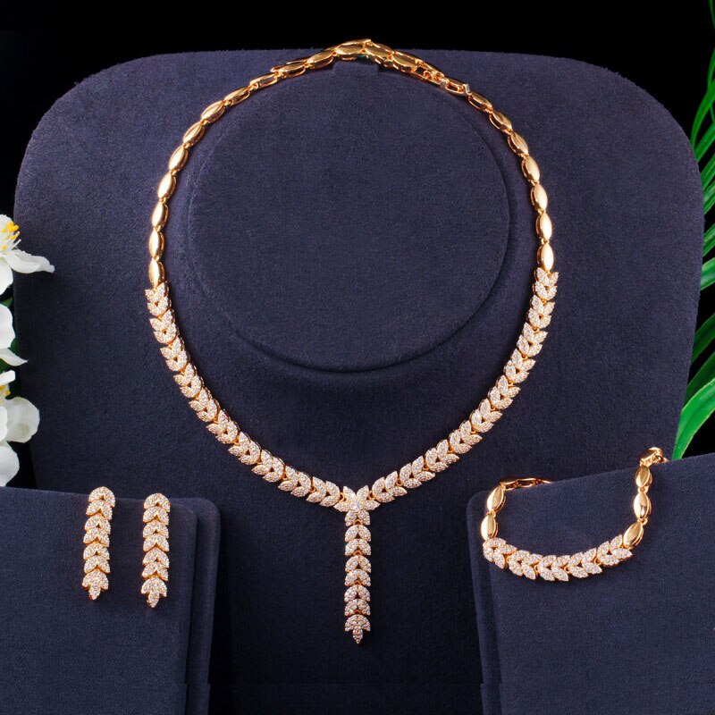 CWWZircons-Conjunto de 3 uds. De Micro pavé de circonia cúbica colgante, flor de hoja, joyería de boda para mujer, accesorios de vestido de de noche T403: Gold Color