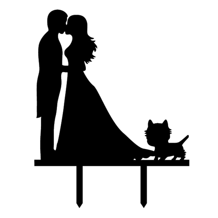 Wedding Bride Groom With Cat Cake Flag Toppers Black White Shiny Gold Silver For Wedding Engagement Party Cake Baking Decor
