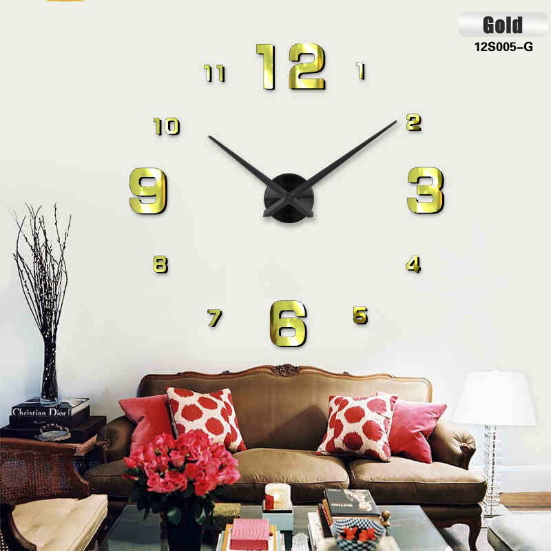 3D wall clock clocks reloj de pared watch 3d diy Acrylic mirror Stickers Quartz Modern Home Decoration: Gold / 47inch