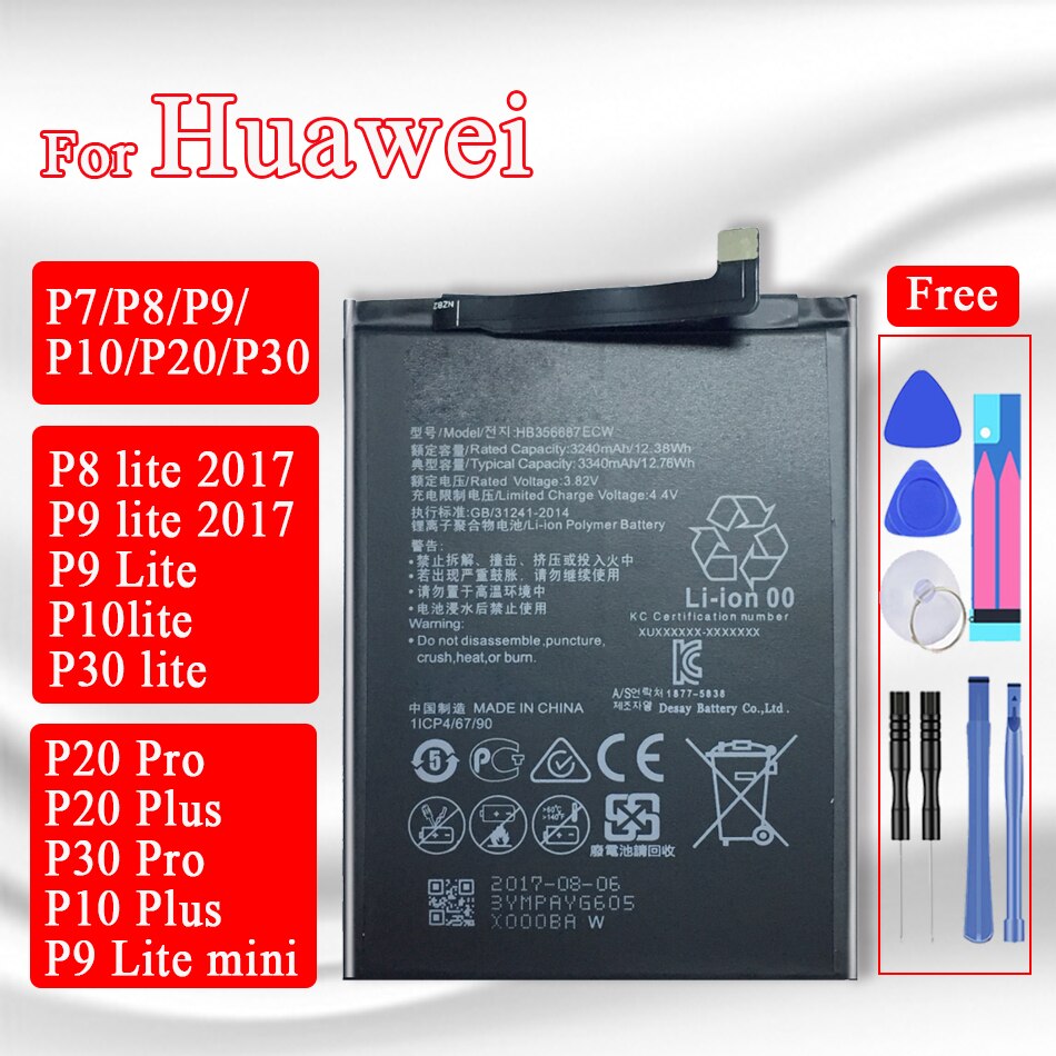 HB356687ECW HB366481ECW batería para Huawei P7 P8 P9 P10 P20 P30 Lite P10 P20 más P20 P30 Pro P9 Lite mini batería + herramientas