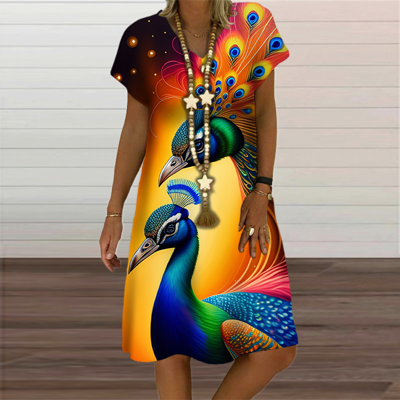 2024 Dames Zomer Pullover Dames Jurk 3d Pauw Print Party Casual Losse V-Hals Korte Mouw Mode Plus Size Jurken