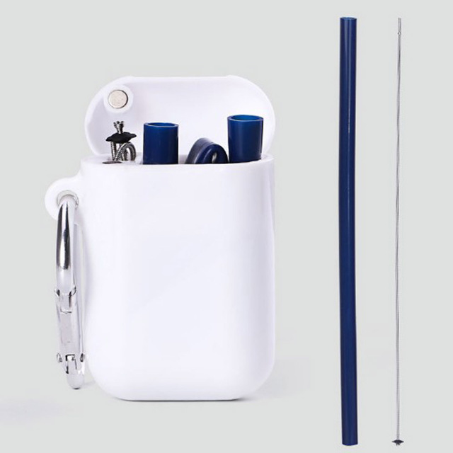 Coffee Drink Folding Straight Straw Set with PP Storage Box Silicone Straw Can Be Carried With You Starbucks Cup: Blue