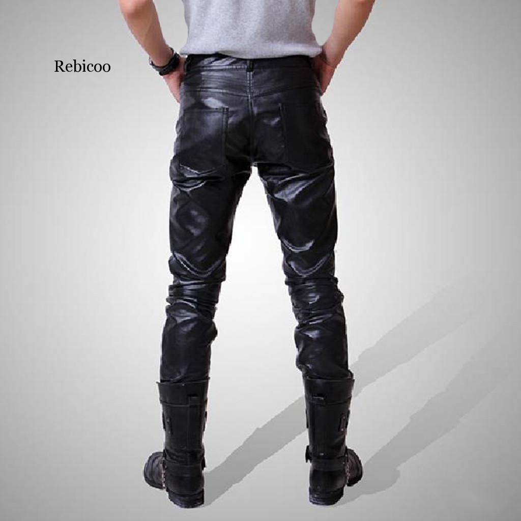 Mænd skinny imiteret læder fritidsbukser sorte pu skinnende bukser sangere club performance on stage danser jeans plus forhandling