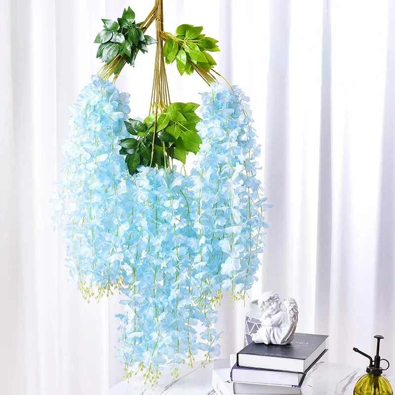 12 pçs flores artificiais de glicínias ratta extra longo grosso videira pendurado guirlanda de seda glicínias para festa em casa decoração de casamento: CÉU AZUL